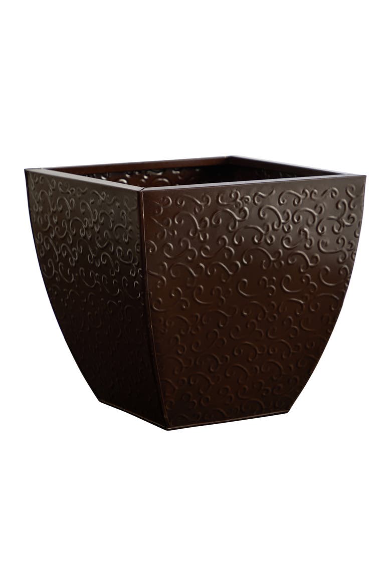 14-in Embossed Metal Scroll Planter, Main, color, Brown