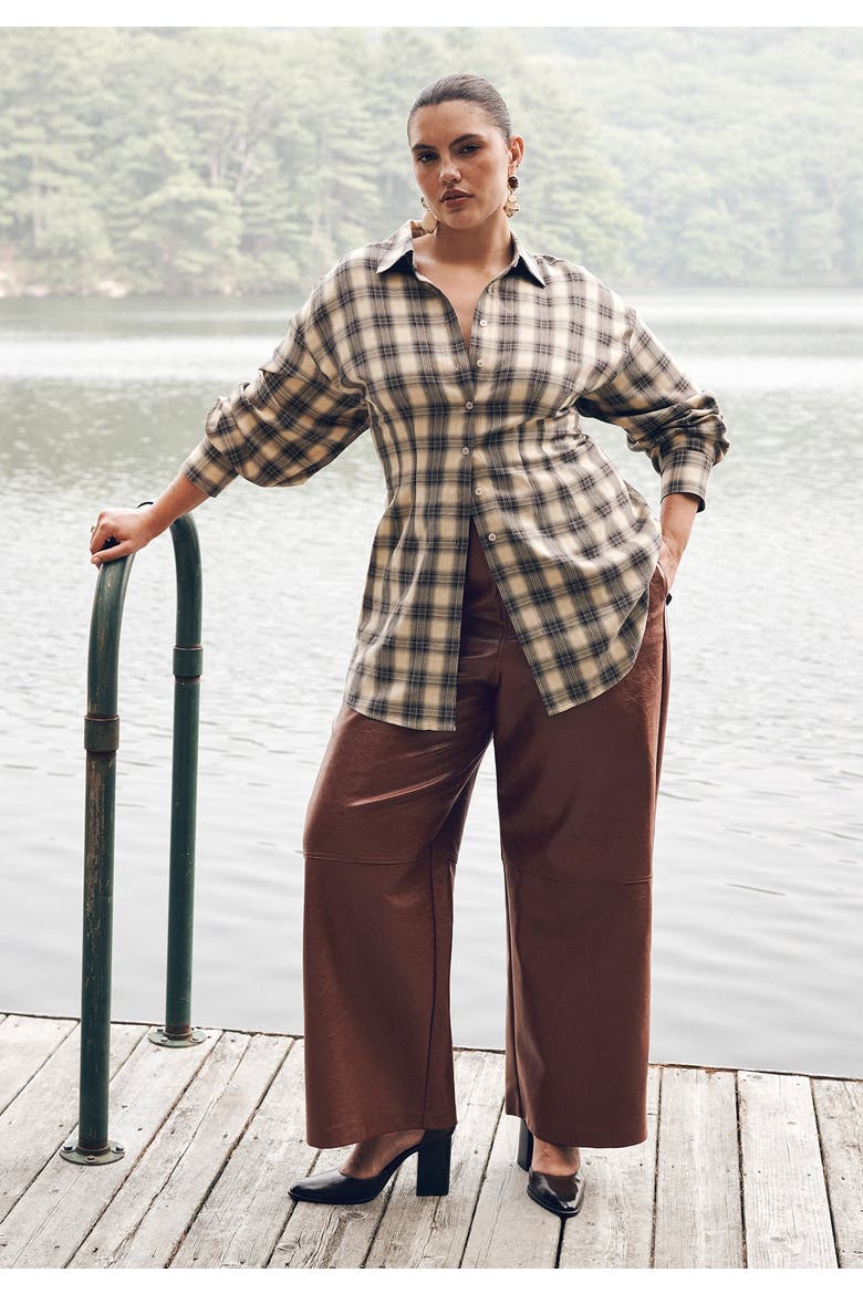 Cinched Waist Plaid Flannel (plus), Alternate, color, CREAM PLAID