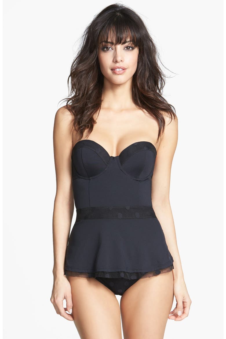 Underwire Peplum Bandeau Tankini Top, Alternate, color, BLACK