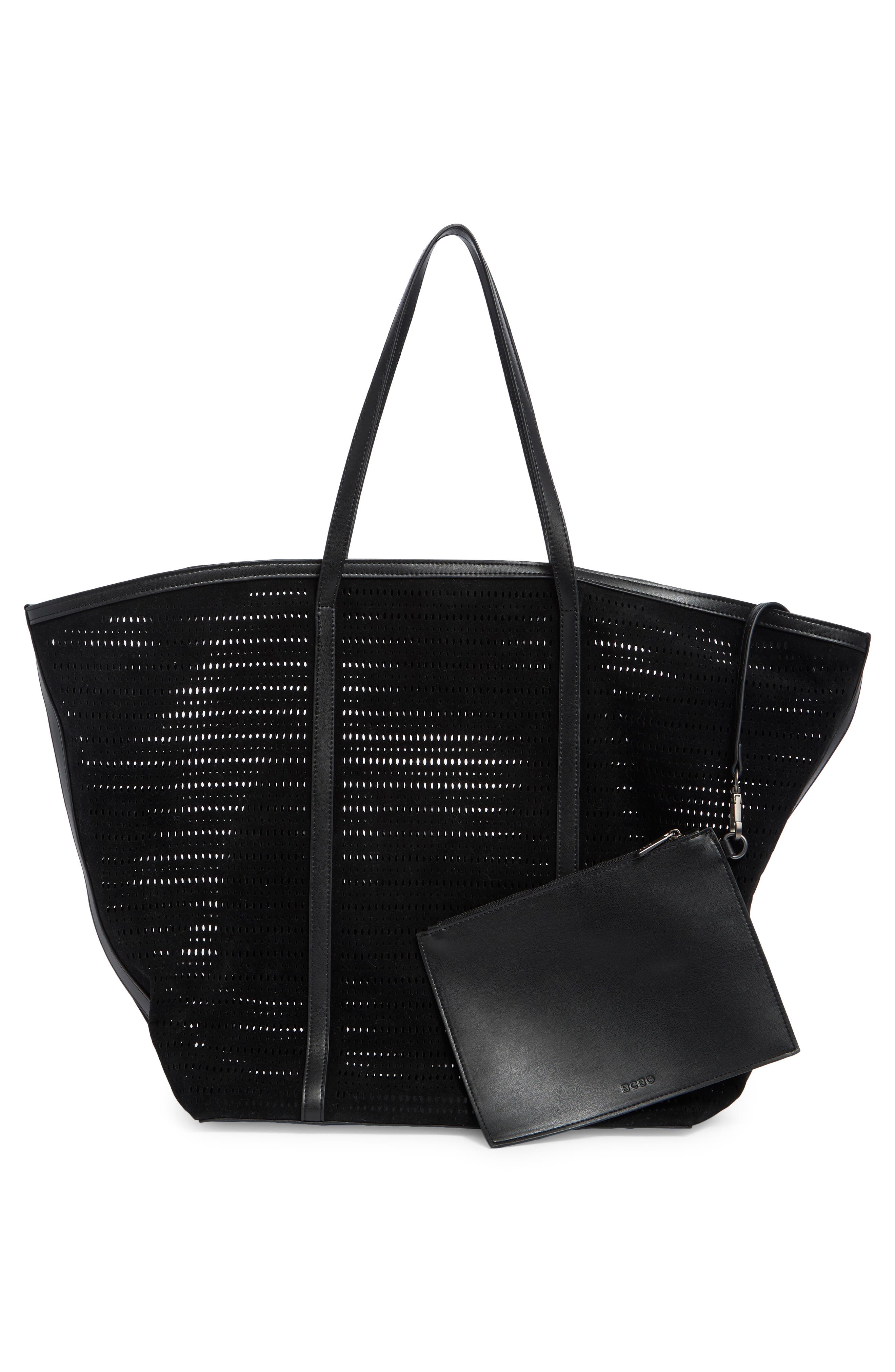 BCBG Flared Perforated Faux Leather Tote, Alternate, color, Black