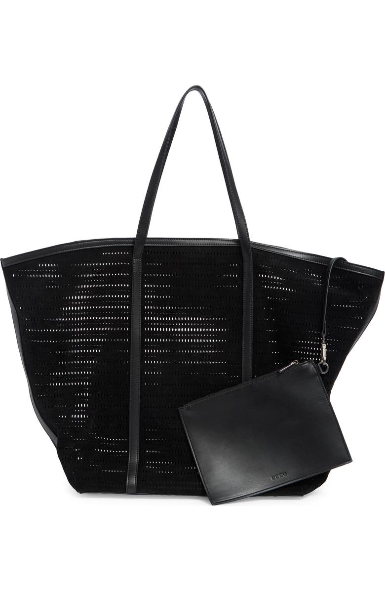 BCBG Flared Perforated Faux Leather Tote, Alternate, color, Black