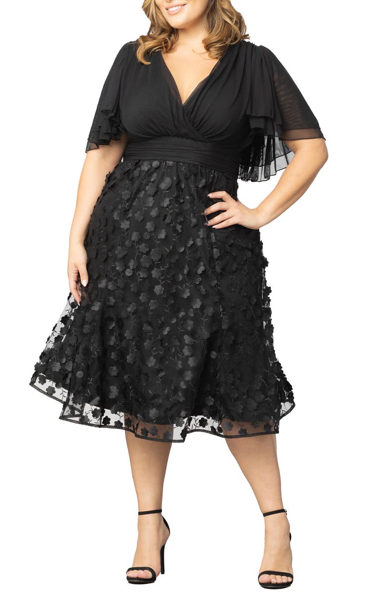 Kiyonna Pretty Petals Flutter Sleeve Cocktail Dress, Main, color, Onyx Blossoms