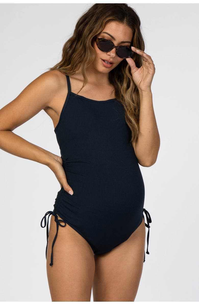 PinkBlush Ribbed Side Tie One-Piece Swimsuit, Alternate, color, Navy Blue