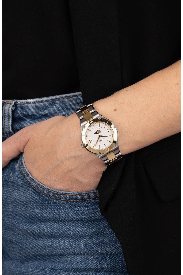 Be Balmain Diamond Moon Phase Bracelet Watch, 33mm, Alternate, color, STAINLESS STEEL/ YELLOW GOLD