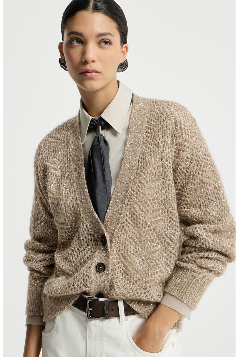 Dazzling abstract leaf cardigan in mohair and wool, Alternate, color, Light Brown