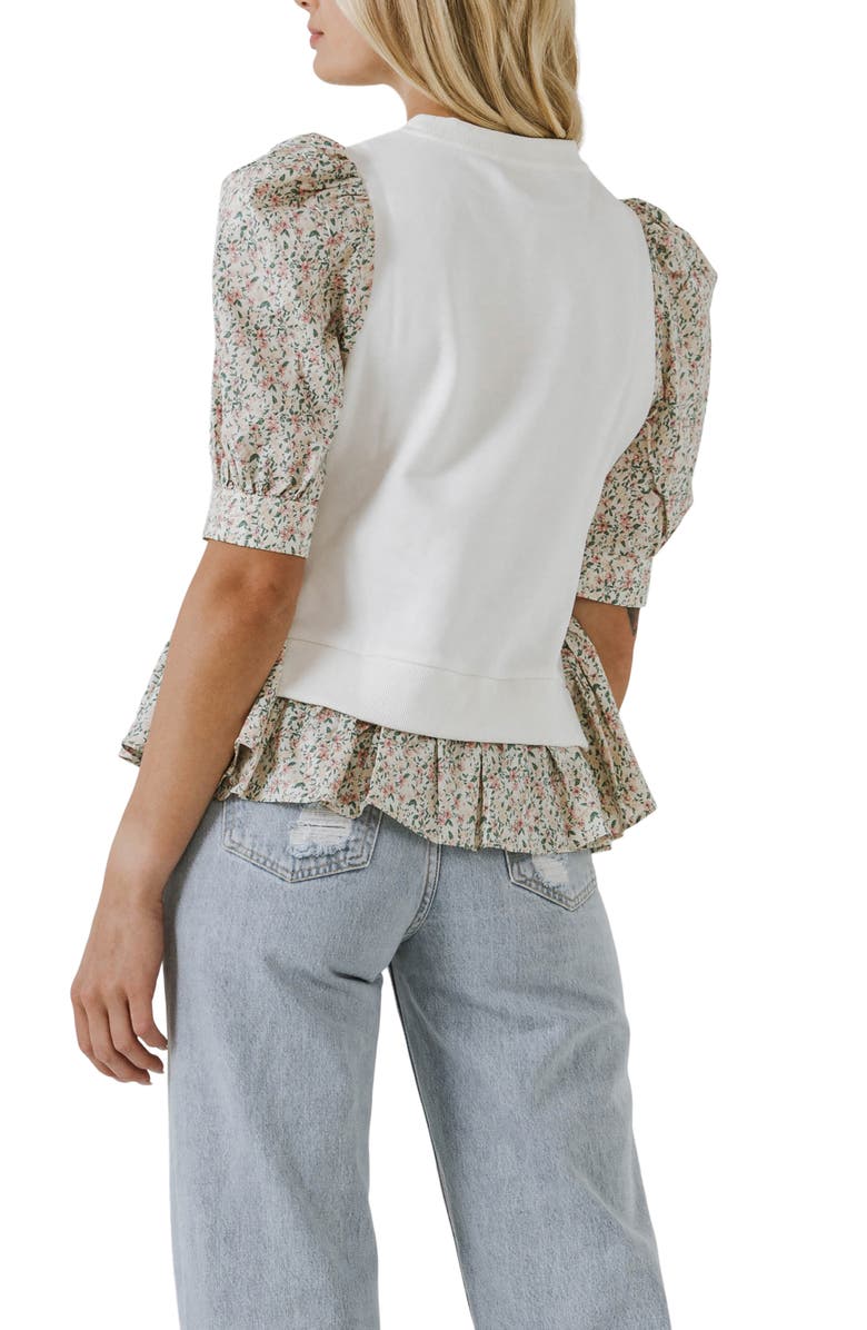 English Factory Mixed Media Puff Sleeve Cotton Top, Alternate, color, 