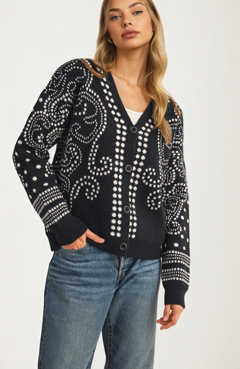 Knit and Lounge Relaxed Modern Fit Patterned Button Cardigan, Alternate, color, Black