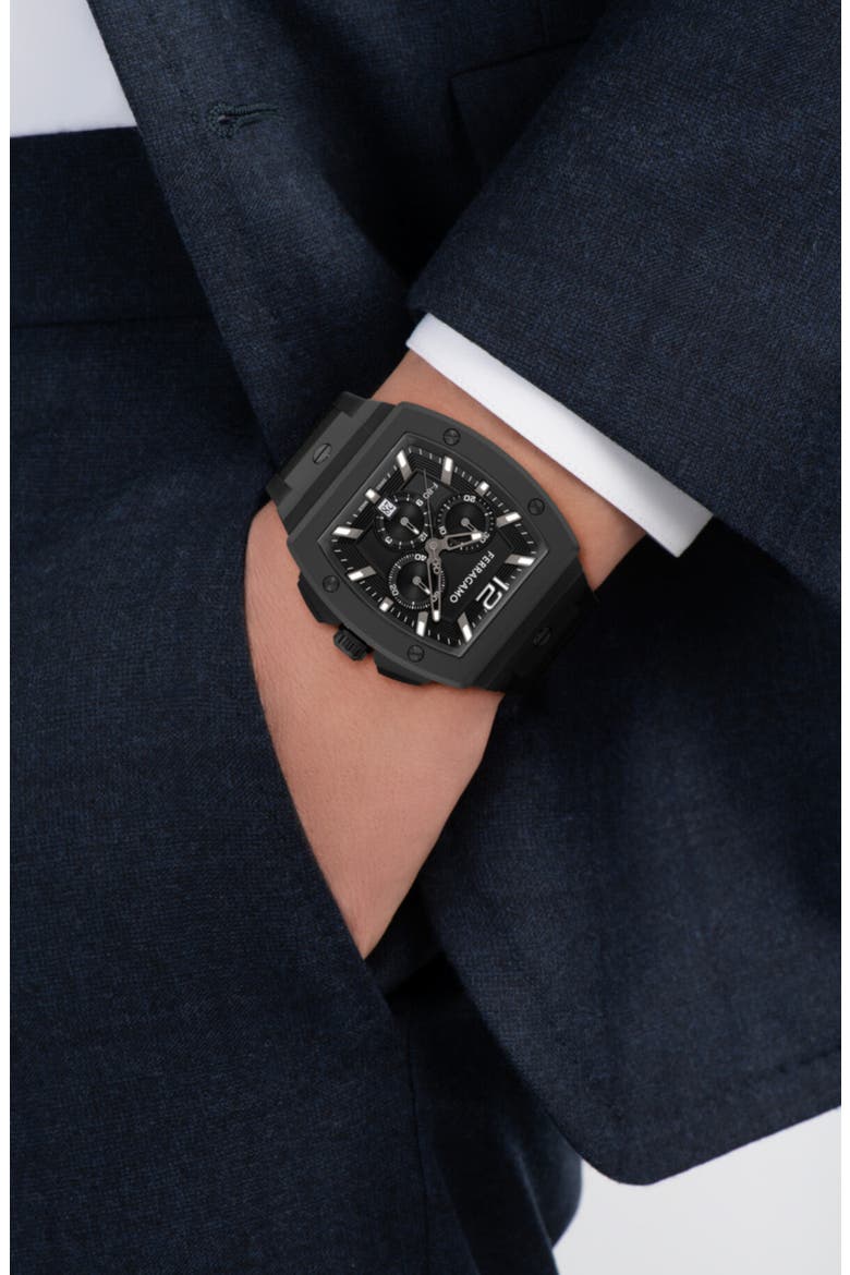 F-80 Tonneau Chronograph Silicone Strap Watch, mmx 42mm, Alternate, color, BLACK ALUMINUM