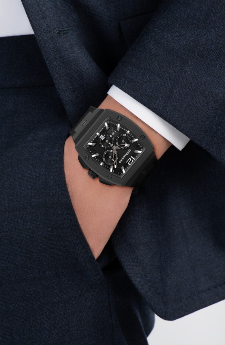 FERRAGAMO F-80 Tonneau Chronograph Silicone Strap Watch, mmx 42mm, Alternate, color, 