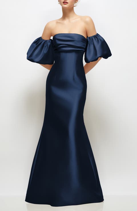 Off the Shoulder Puff Sleeve Satin Gown