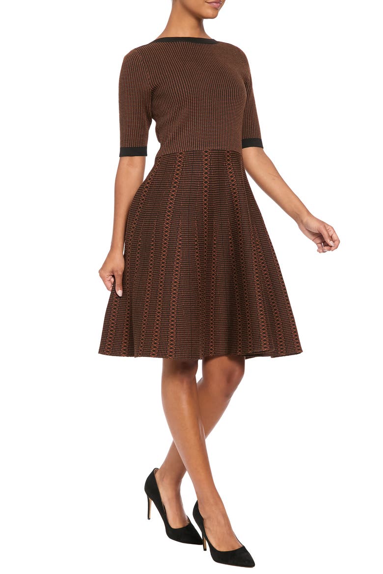 Elbow Sleeve Fit & Flare Sweater Dress, Alternate, color, BLACK/ BROWN