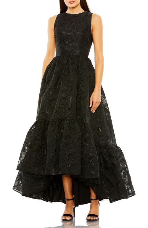 Mac Duggal Sleeveless Metallic Brocade High-low Evening Gown In Black