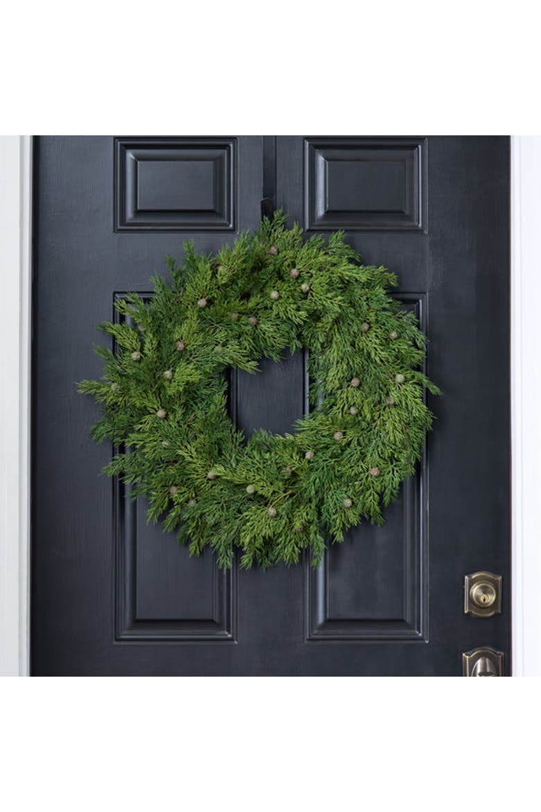 Seeding Real Touch Juniper Berry Faux Greenery Front Door Mantle Wreath, Alternate, color, Green
