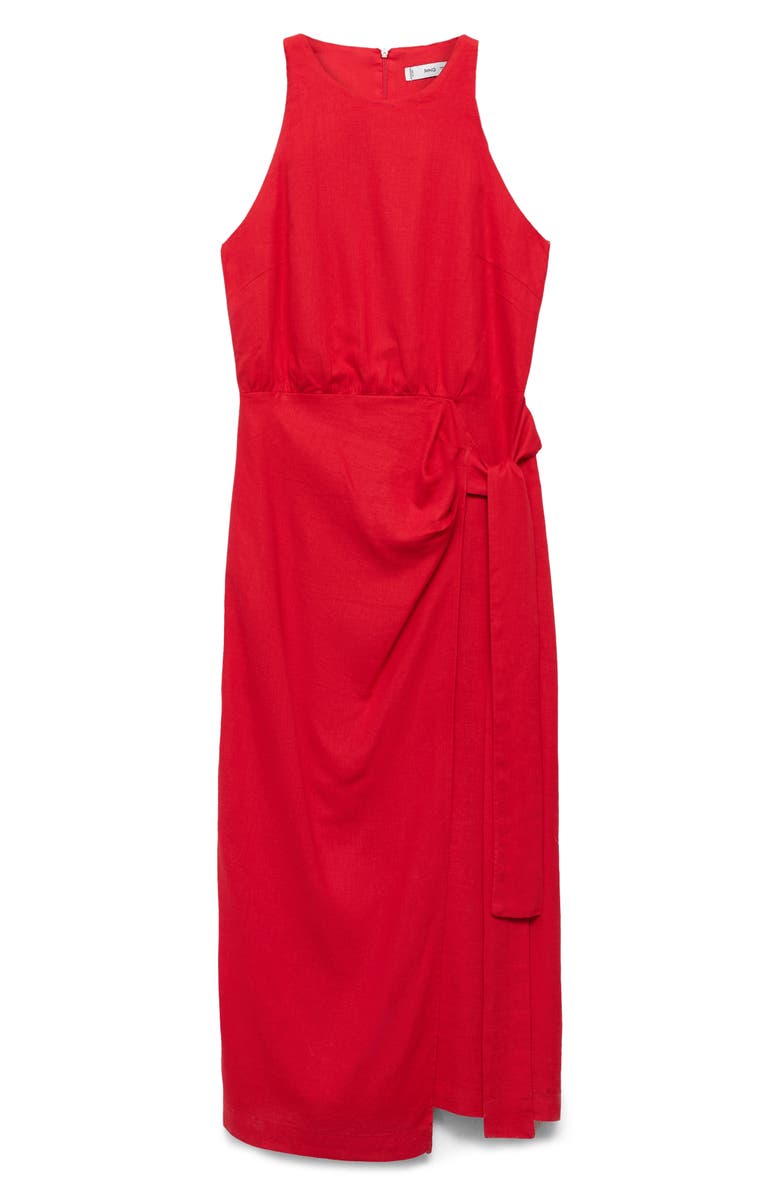 MANGO Bow Waist Linen Blend Midi Dress, Alternate, color, Red