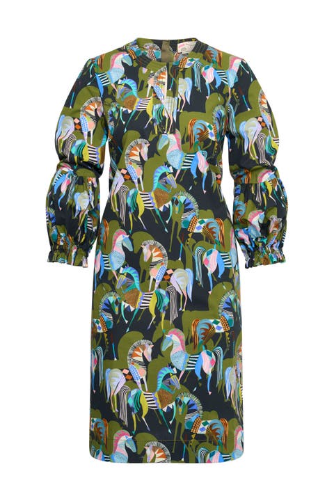 Printed Popelin Dress With Baloon Sleeves