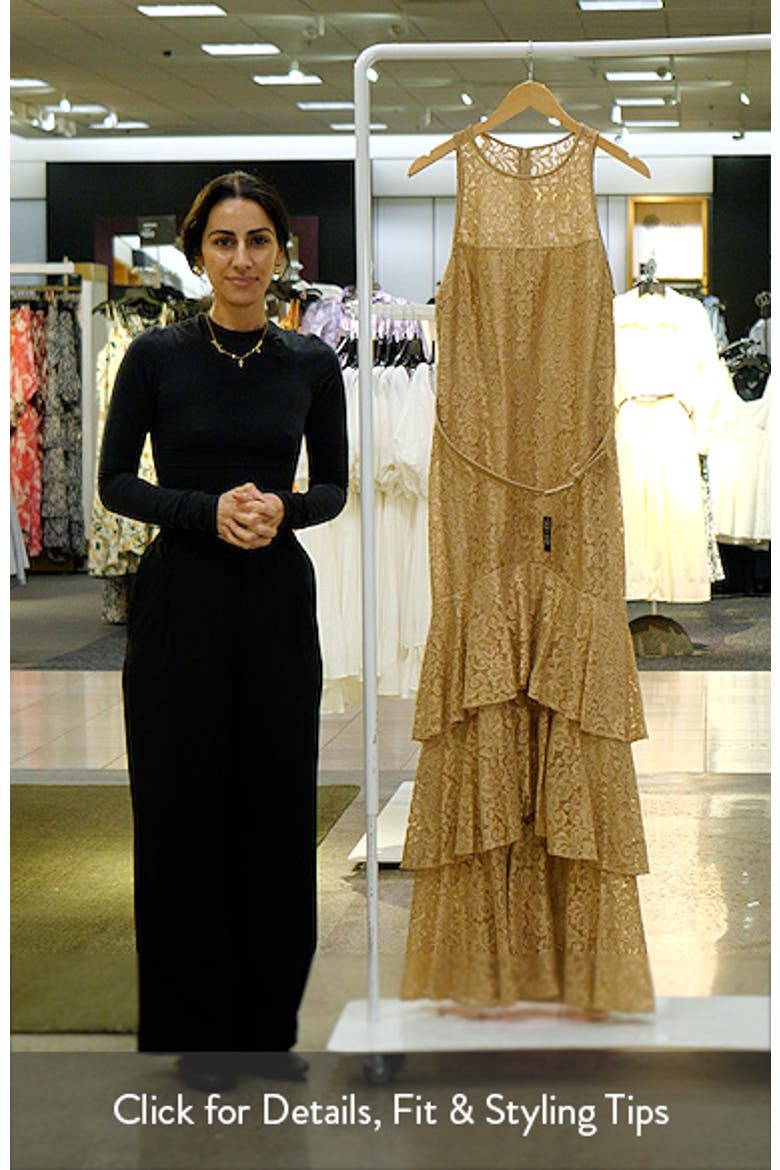 Lauren Ralph Lauren Metallic Belted Tiered Lace Gown (Women