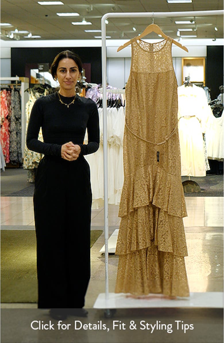 Metallic Belted Tiered Lace Gown, sales video thumbnail