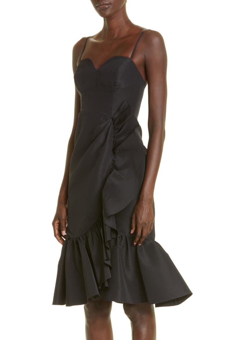 Gathered Ruffle Detail Silk Midi Dress, Alternate, color, BLACK