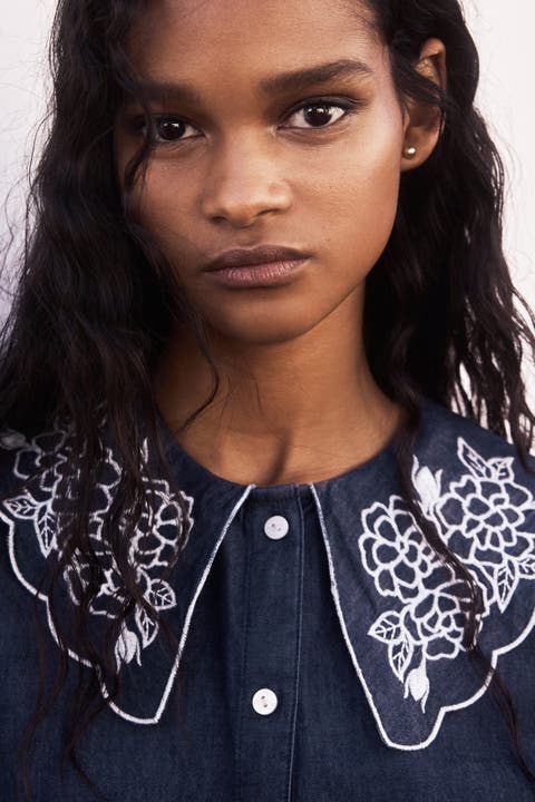 Embroidered-collar Denim Blouse