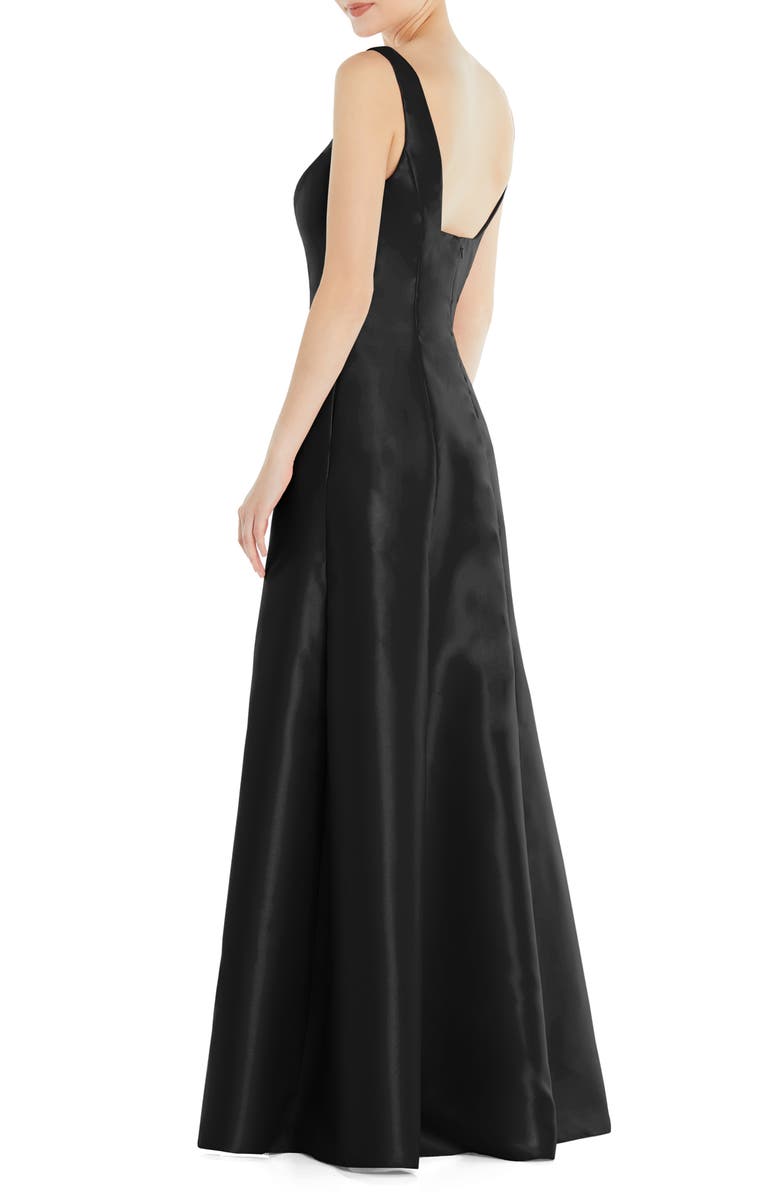 Alfred Sung Square Neck Satin A-Line Gown, Alternate, color, Black