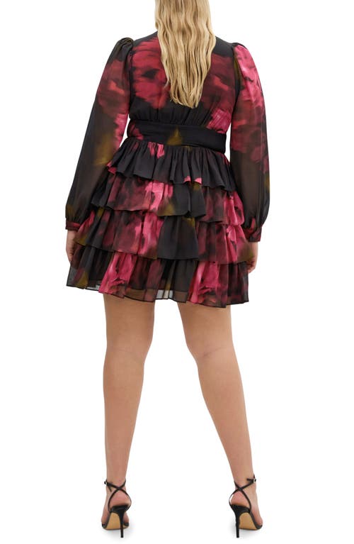 City Chic Kailey Long Sleeve Floral Print Minidress In Black