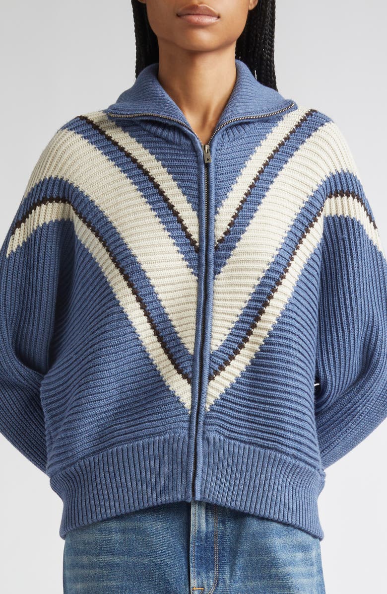 Golden Goose Journey Odilia Chevron Stripe Virgin Wool Zip Cardigan, Alternate, color, Dutch Blue/ Natural White