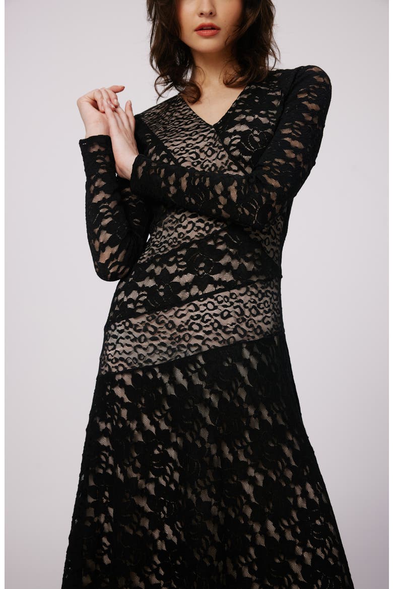 Park Long Sleeve Lace Midi Dress, Alternate, color, BLACK