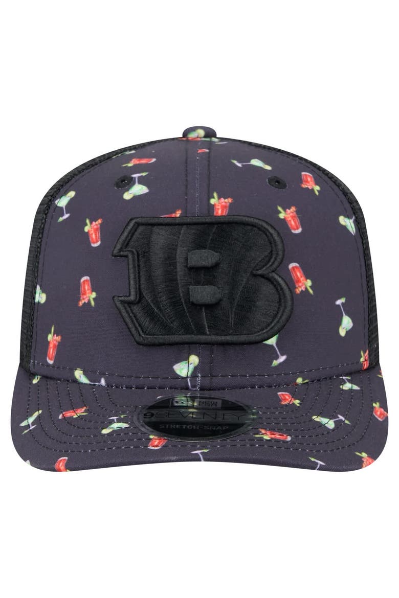 Men's New Era  Navy/Black Cincinnati Bengals Adventure Drinks Pattern 9SEVENTY Stretch-Snap Hat, Alternate, color, Navy