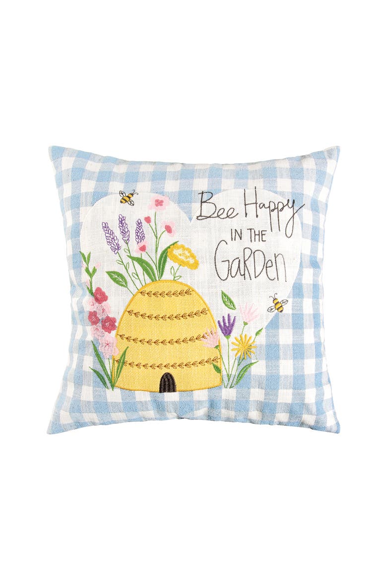 "Bee Happy In Garden" Blue Plaid Cotton Blend Accent Throw Pillow 18" x 18", Main, color, Blue