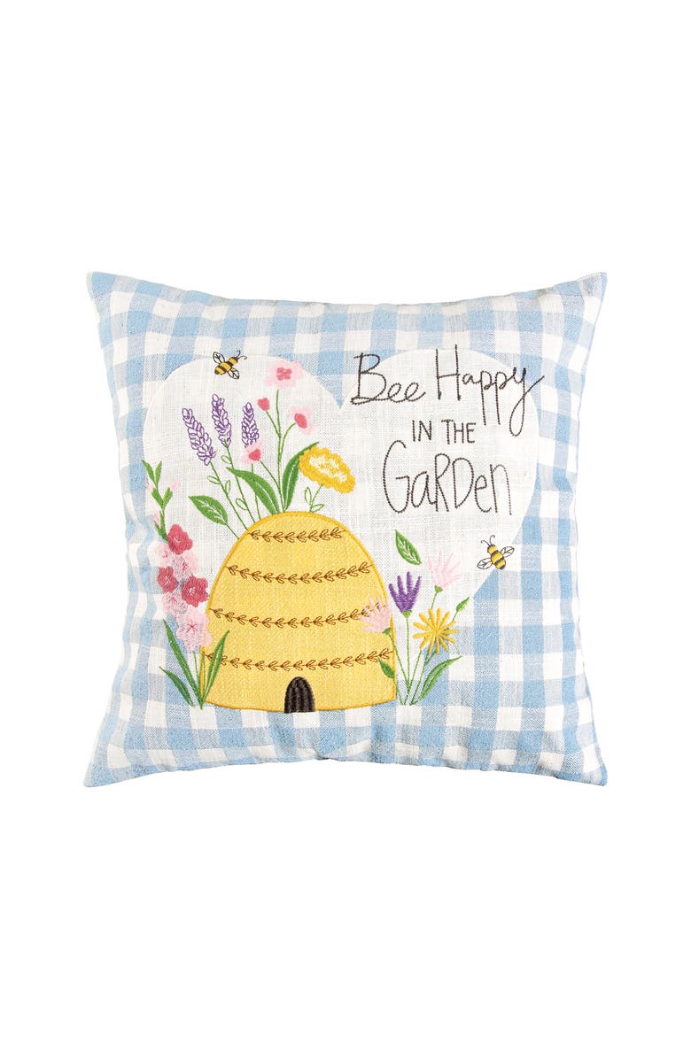 C&F Home "Bee Happy In Garden" Blue Plaid Cotton Blend Accent Throw Pillow 18" x 18", Main, color, Blue