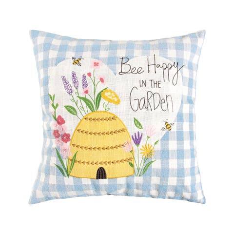 "Bee Happy In Garden" Blue Plaid Cotton Blend Accent Throw Pillow 18" x 18"