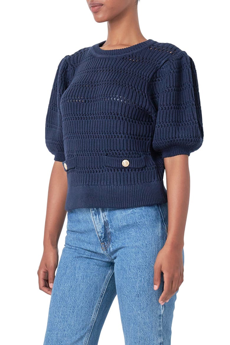 Puff Sleeve Knit Top, Alternate, color, NAVY