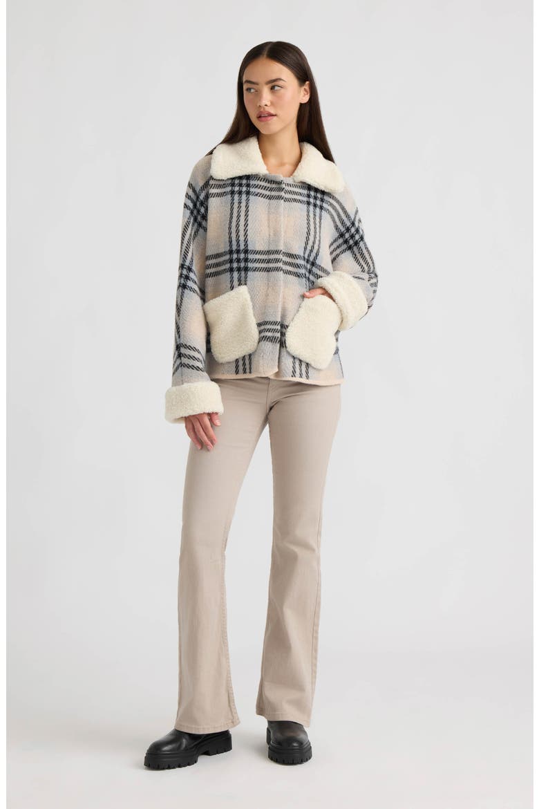 Faux Fur Collar Plaid Jacket, Alternate, color, MARSHMALLOW PLAID