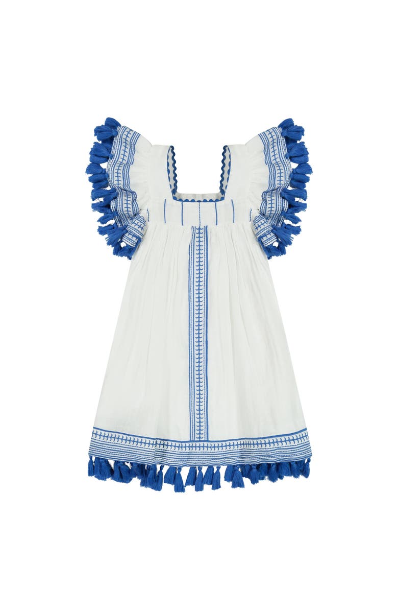 Mer St. Barth Serena Girl's Tassel Dress White Lapis Blue Embroidery, Main, color, Blue