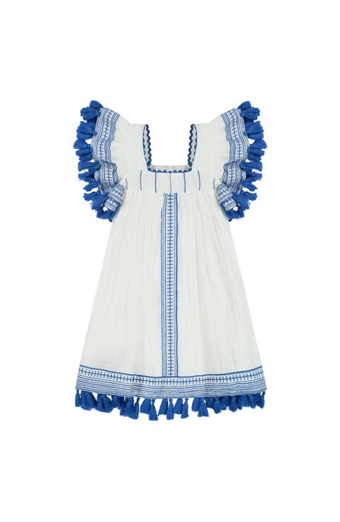 Serena Girl's Tassel Dress White Lapis Blue Embroidery