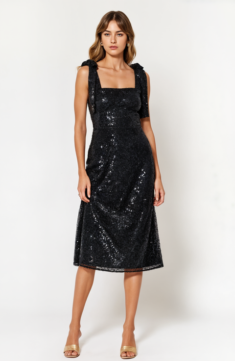 Sequin Midi Dress with Tie Straps and Square Neckline