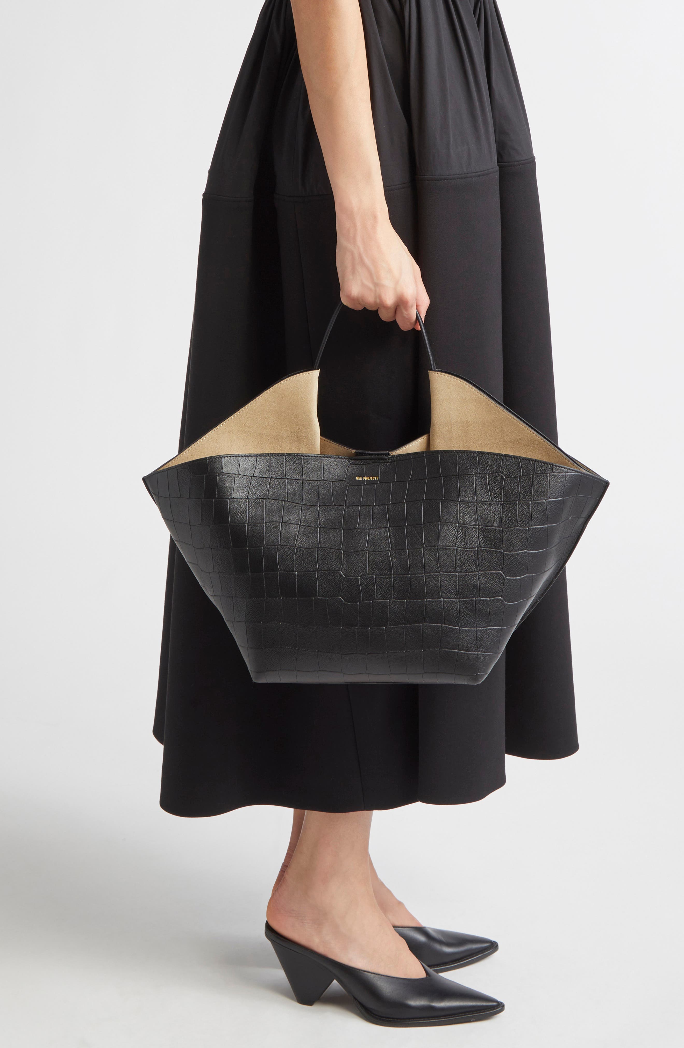 Ree Projects Medium Ann Croc Embossed Leather Tote, Alternate, color, Black