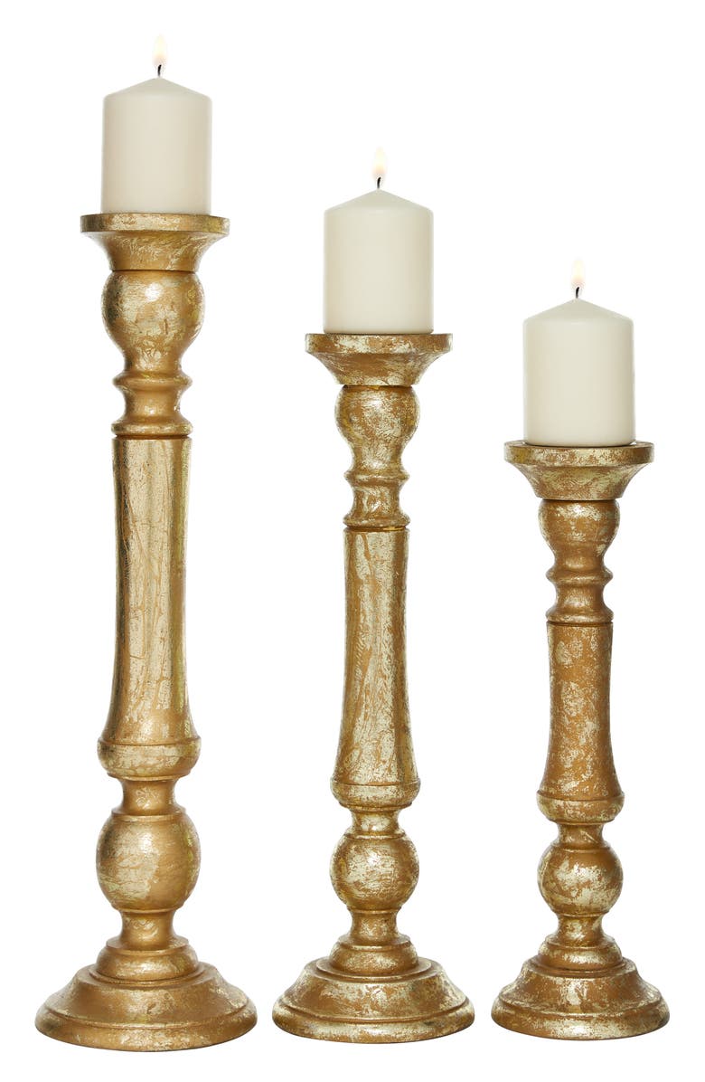 UMA Goldtone Mango Wood Traditional Candle Holder - Set of 3, Alternate, color,