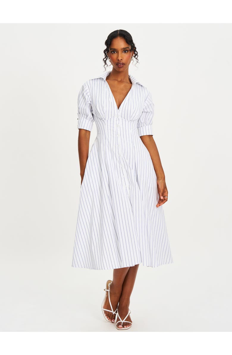 Miss Circle Palina Pinstripes Cotton Poplin Pleated Midi Preppy Shirt Dress, Main, color, White