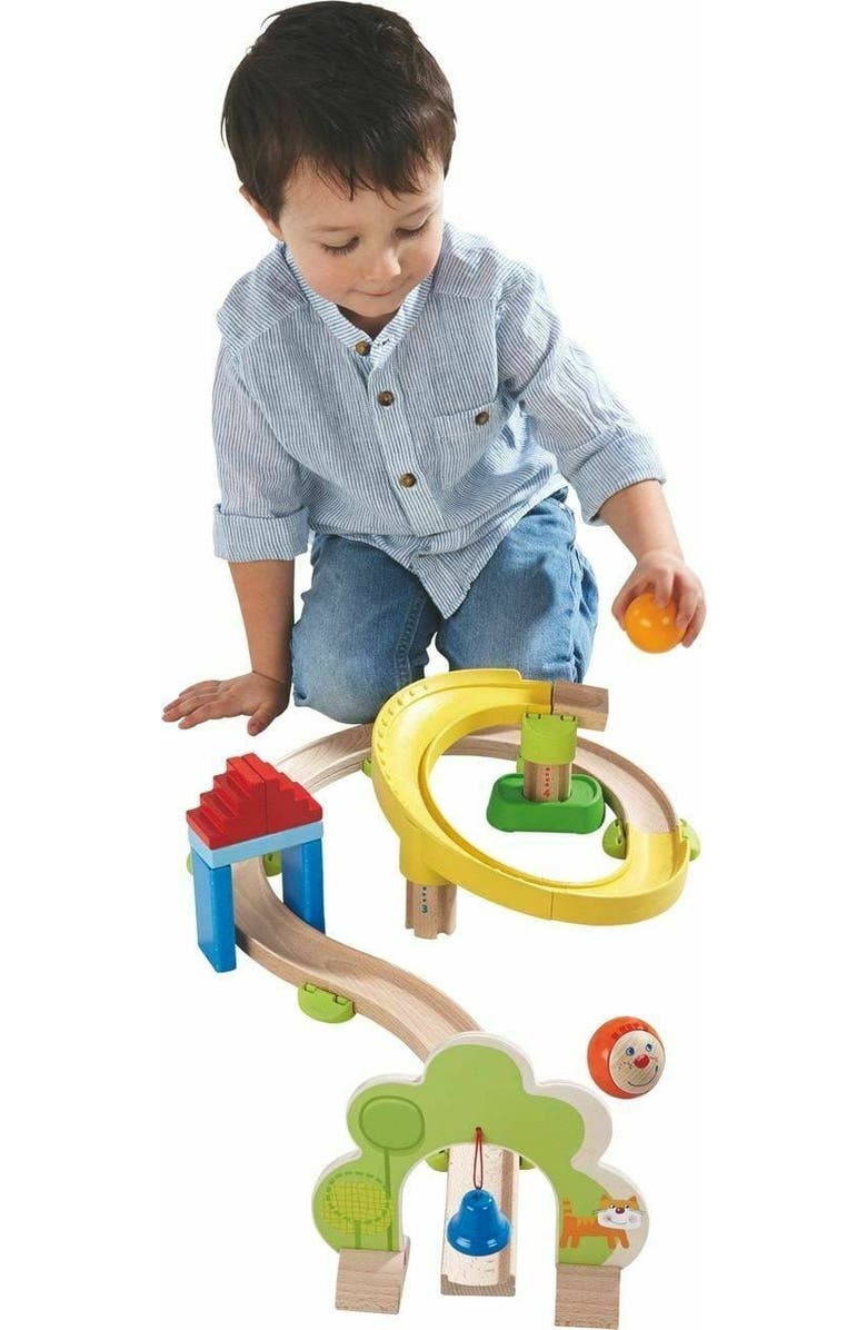 HABA Ball Run - Kullerbu Spiral Track, 26 Piece Wood & Plastic Marble Run Set with Wild Curves & Bell for Kids 2-8, STEM Toy Marble Maze Building Set, Alternate, color, Multi