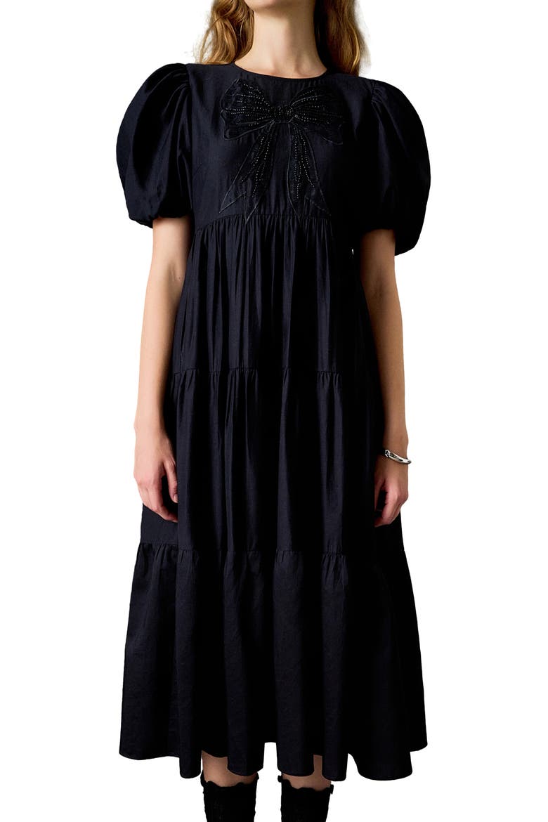 Sequin Bow Detail Tiered Organza Midi Dress, Alternate, color, BLACK