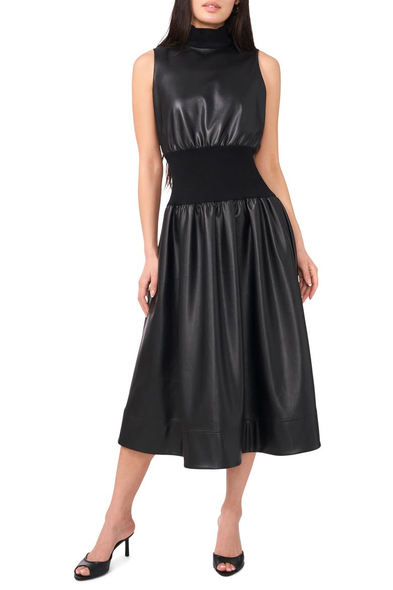 Mixed Media Faux Leather Midi Dress, Main, color, RICH BLACK
