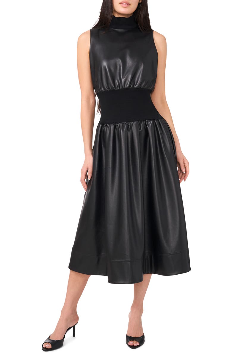 1.STATE Mixed Media Faux Leather Midi Dress, Main, color,