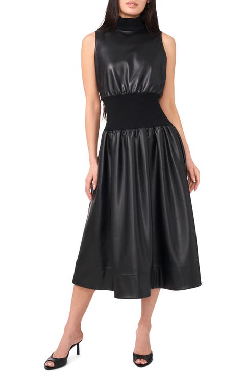 Mixed Media Faux Leather Midi Dress