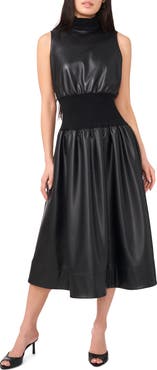 1.STATE Mixed Media Faux Leather Midi Dress