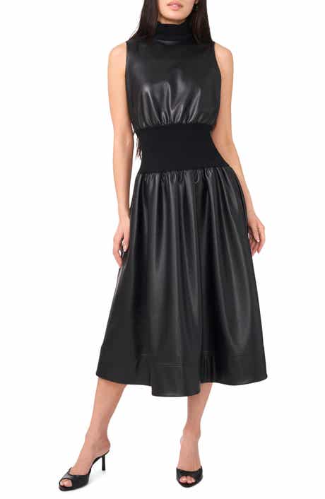 Mixed Media Faux Leather Midi Dress