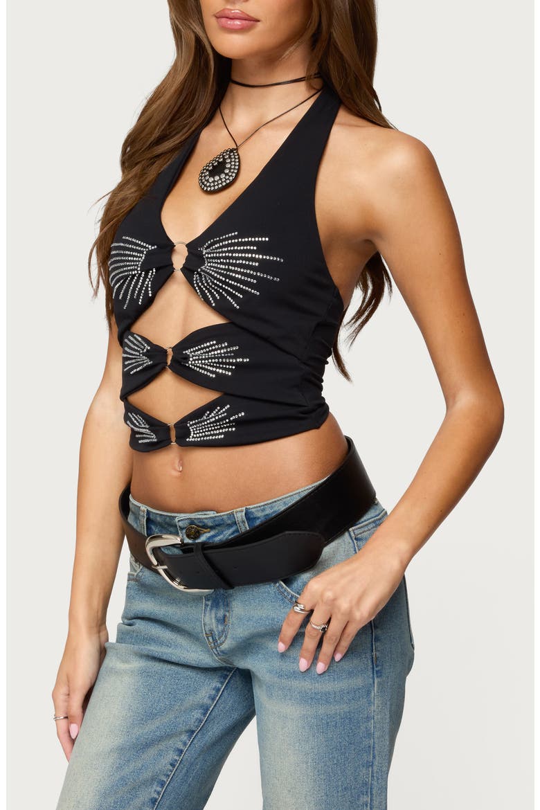 Lettie Rhinestone Embellished Cutout Halter Top, Alternate, color, BLACK