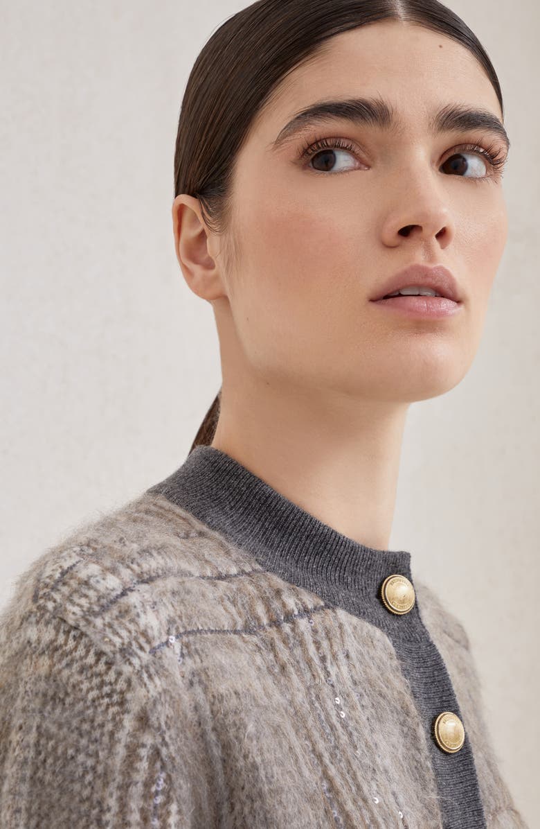 Brunello Cucinelli Jacquard cardigan with dazzling check, Alternate, color, Grey