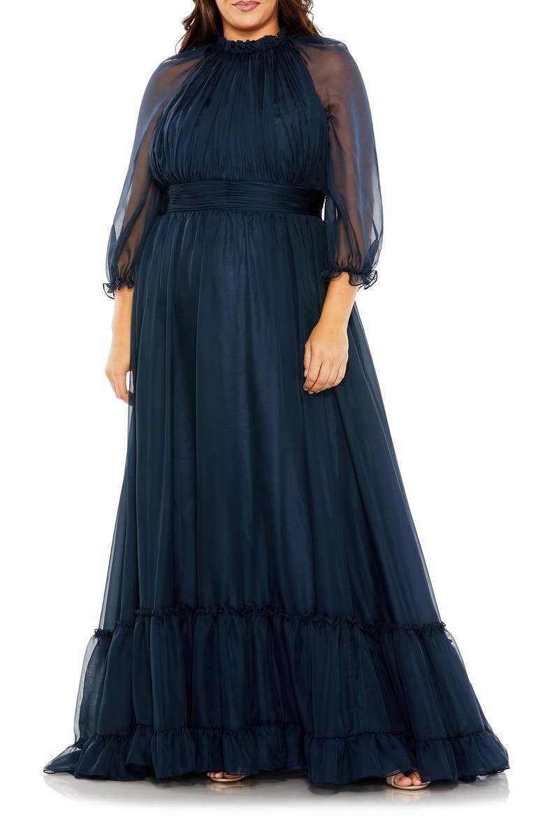High-Neck Chiffon Dress with Puff Sleeves and Ruffle Tiered Skirt, Main, color, MIDNIGHT