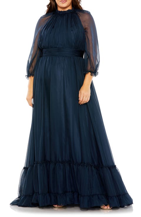 High-Neck Chiffon Dress with Puff Sleeves and Ruffle Tiered Skirt